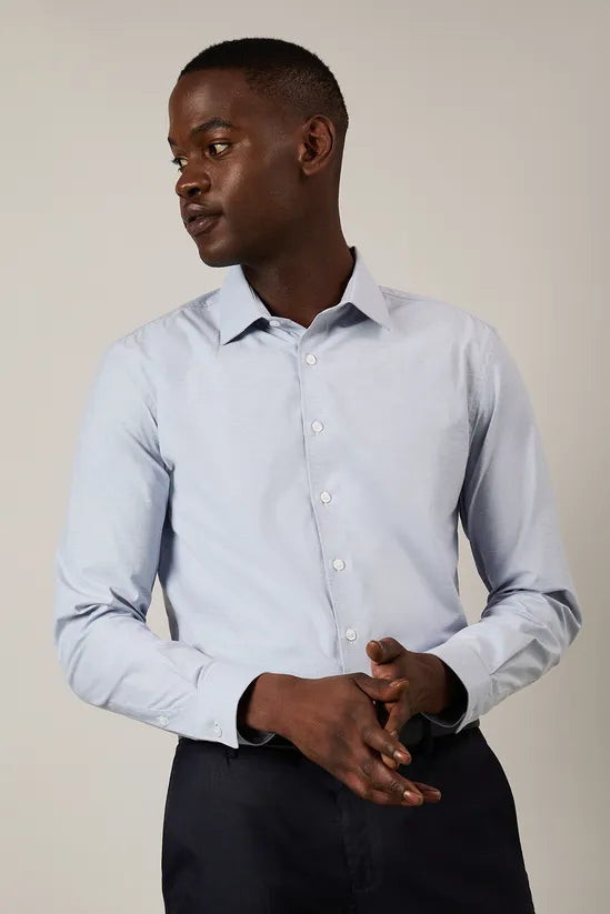 Blue Textured Stretch Slim Fit Long Sleeve Shirt