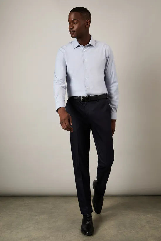 Blue Textured Stretch Slim Fit Long Sleeve Shirt