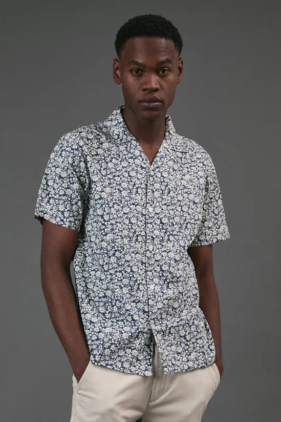 Navy Floral Print Revere Short Sleeve Shirt