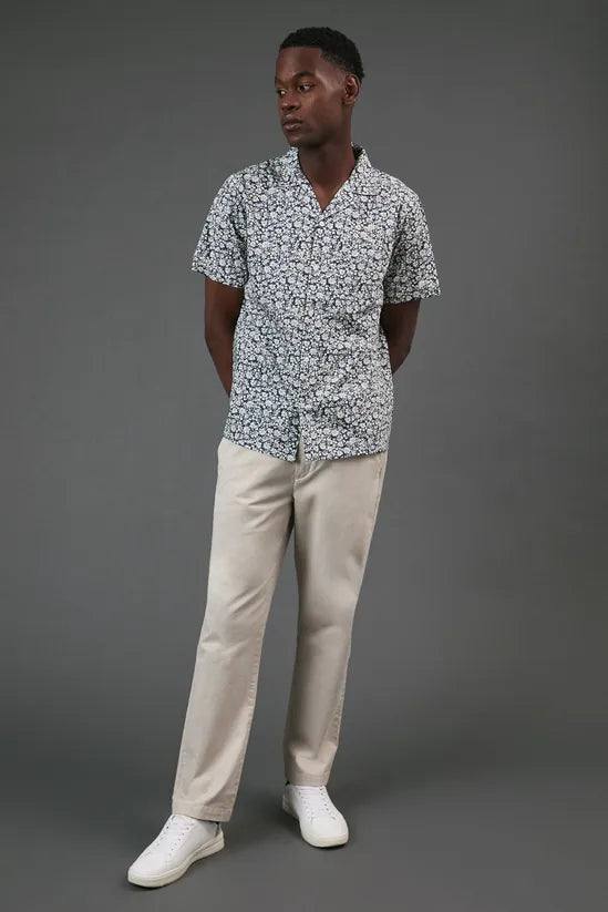 Navy Floral Print Revere Short Sleeve Shirt