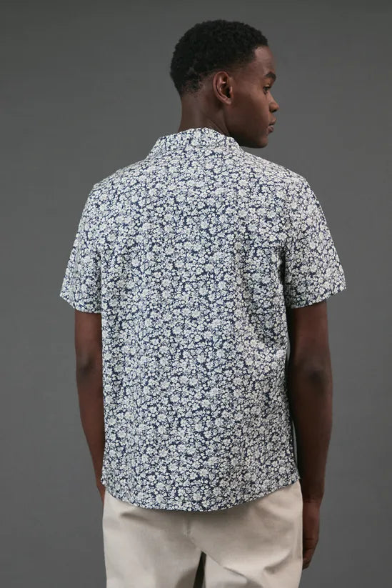 Navy Floral Print Revere Short Sleeve Shirt