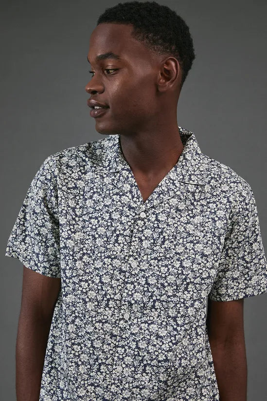 Navy Floral Print Revere Short Sleeve Shirt
