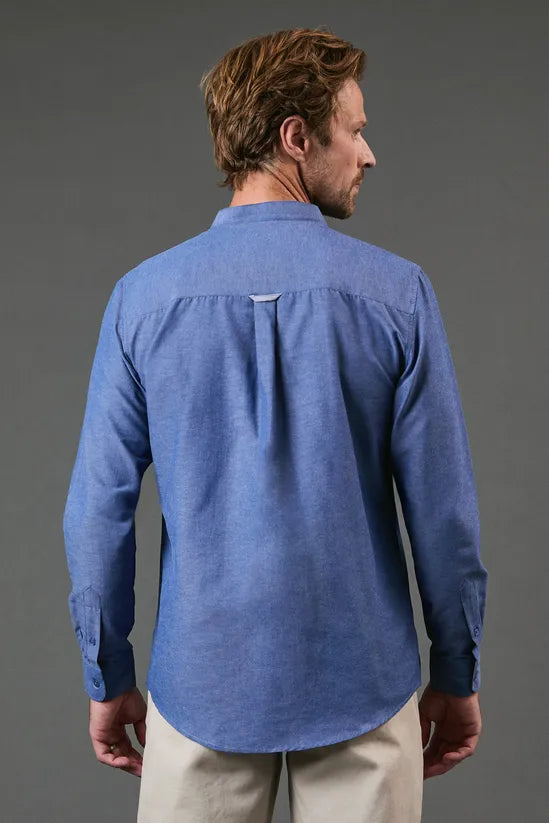 Dark Blue Grandad Collar Chambray long Sleeve Shirt