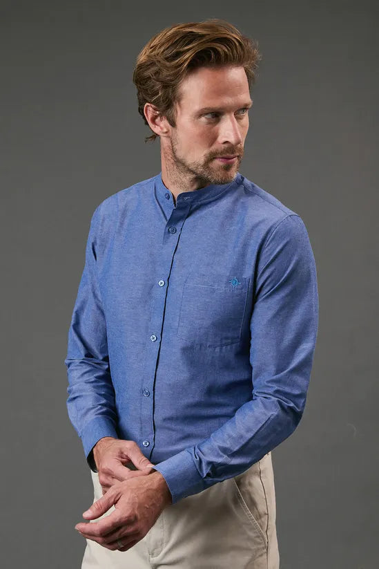 Dark Blue Grandad Collar Chambray long Sleeve Shirt