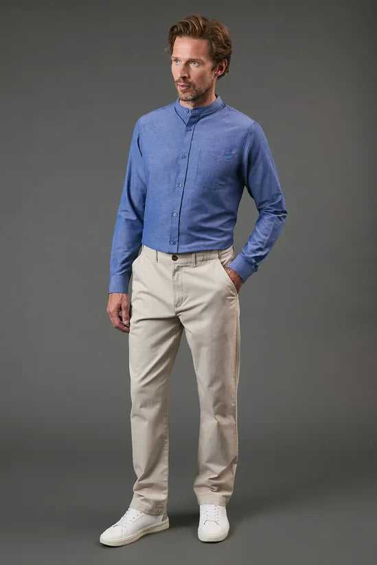 Dark Blue Grandad Collar Chambray long Sleeve Shirt